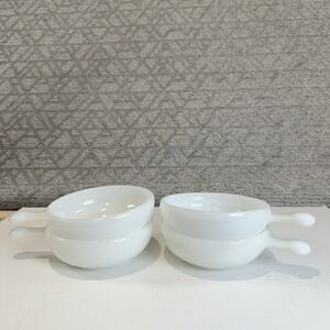 4 Vintage Glasbake Oven Proof  Soup  Bowls with Handle White Milk Glass 11oz